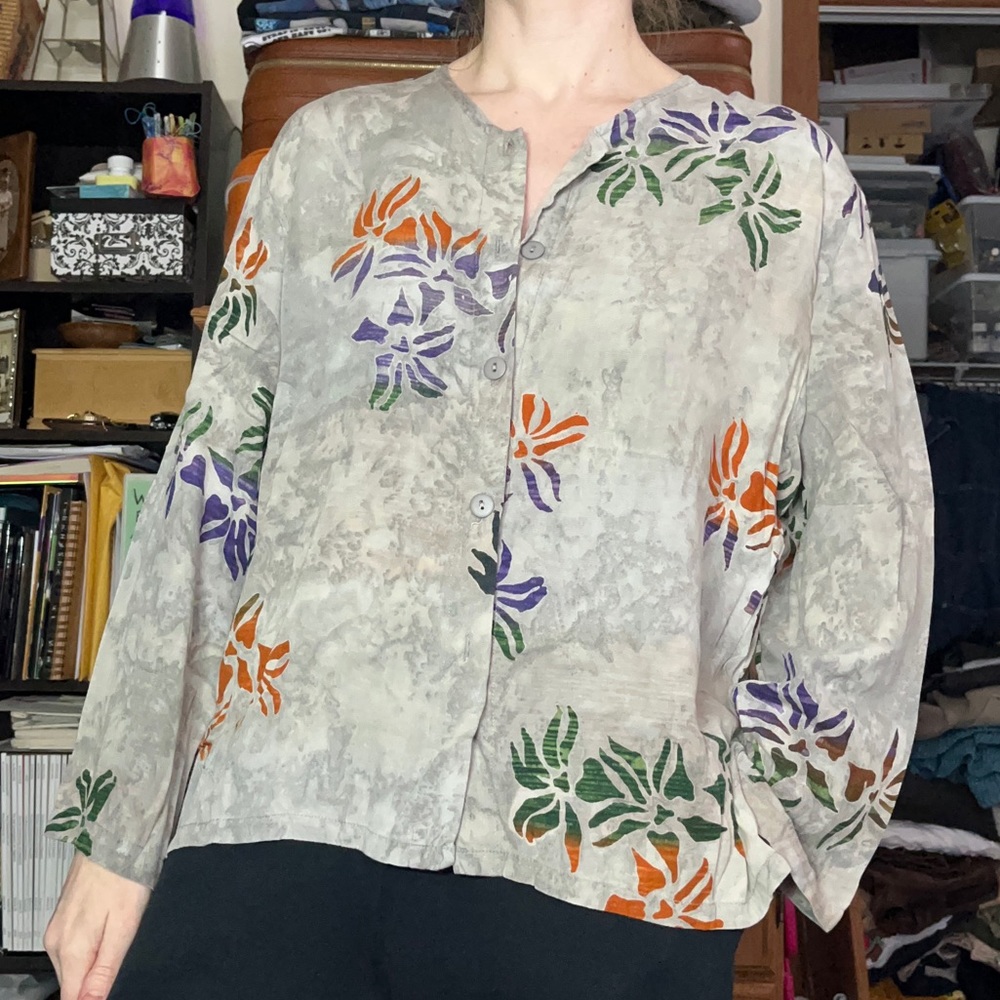 90s Go Fish Gray Floral Batik Blouse Jacket Size M